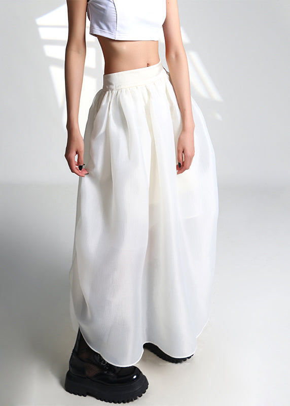 French White Drawstring High Waist Tulle Skirt Summer