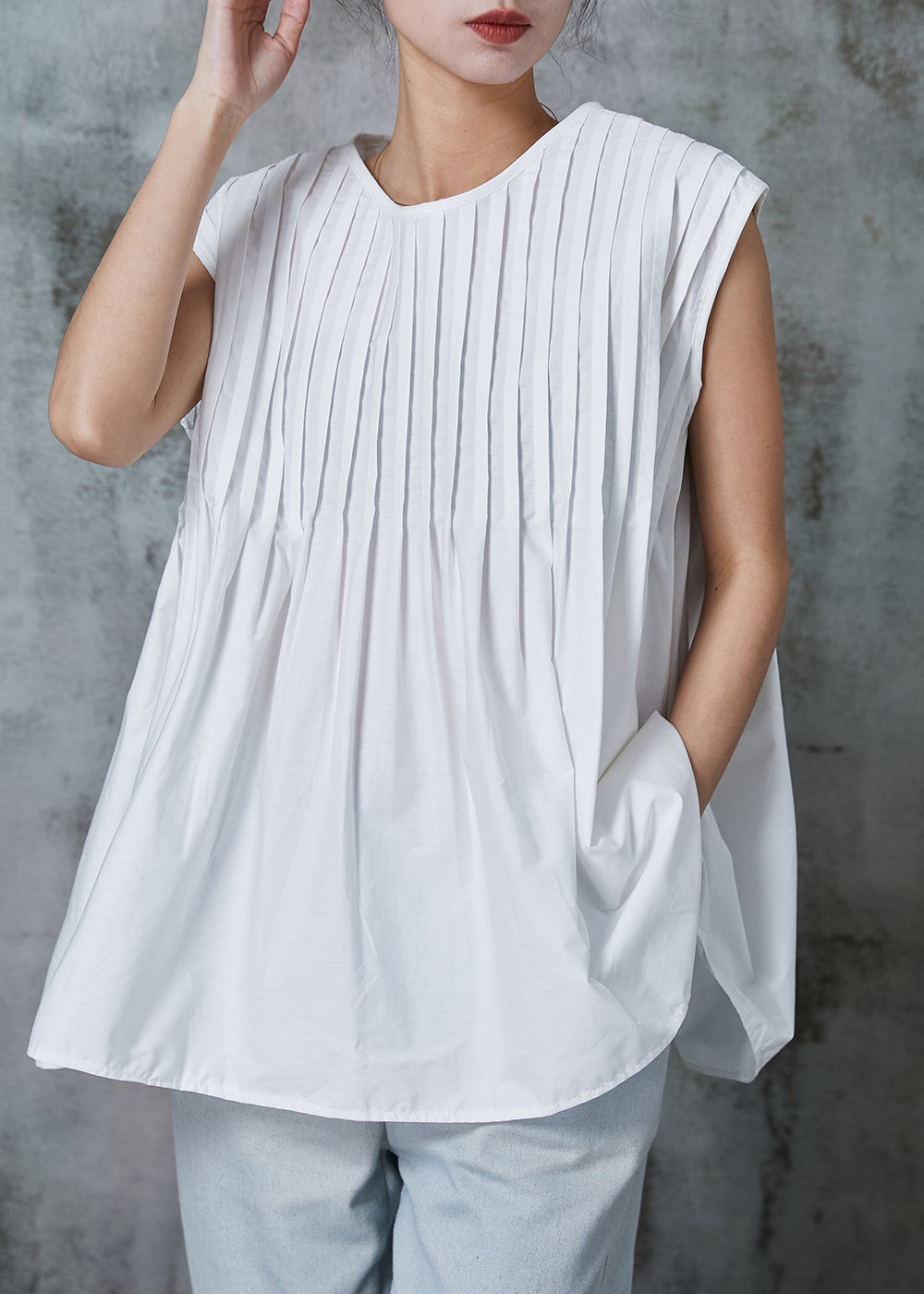 French White Oversized Wrinkled Cotton Tanks Sleeveless