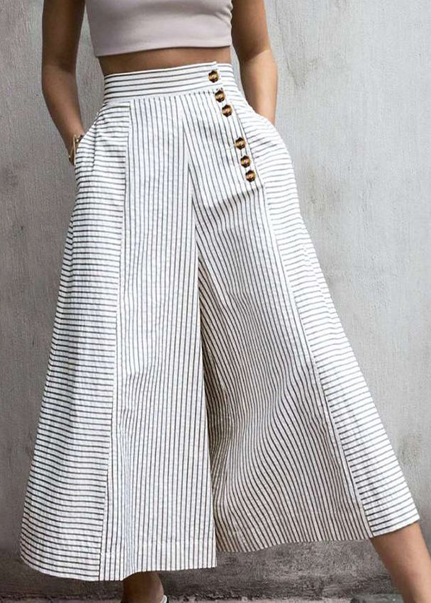 French White Striped Cotton Wide Leg Pants Spring