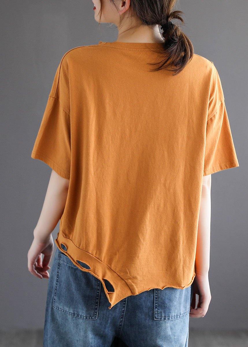 French Yellow Asymmetrical Design Hole Summer Patchwork Cotton Half Sleeve