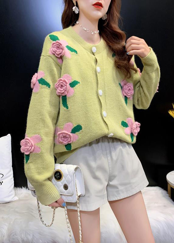 French Yellow O Neck Floral Button Knit Loose Coat Spring