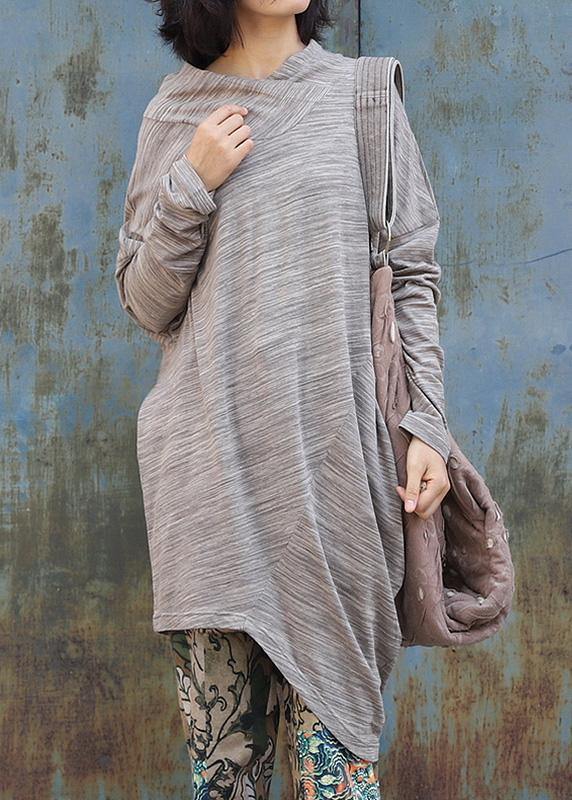 French bige Cotton tunic dressasymmetric tunic long sleeve Dresses