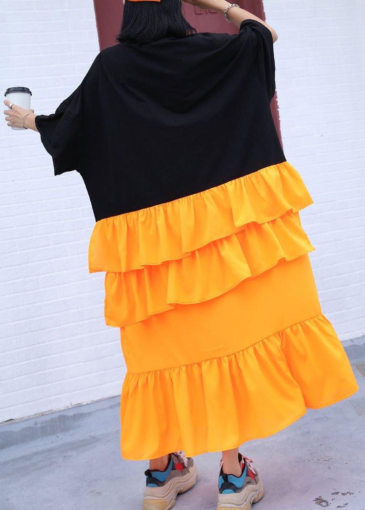 French black prints cotton clothes Women asymmetric hem ruffles loose summer Dress