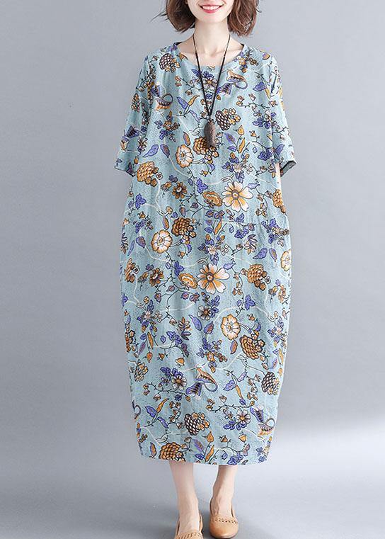 French blue floral cotton linen Soft Surroundings o neck Plus Size Clothing summer Dress