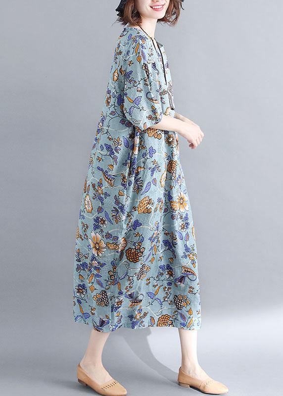 French blue floral cotton linen Soft Surroundings o neck Plus Size Clothing summer Dress