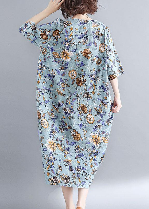 French blue floral cotton linen Soft Surroundings o neck Plus Size Clothing summer Dress