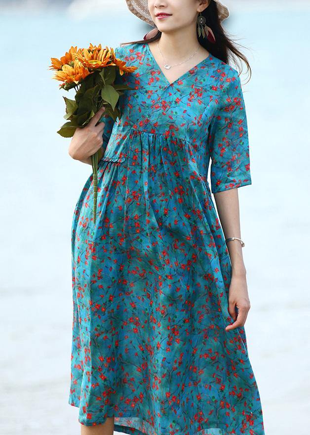 French blue floral linen clothes For Women patchwork long v neck Dresses