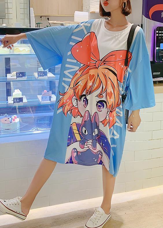 French blue half sleeve cotton clothes Women Cartoon print Dresses summer Dress