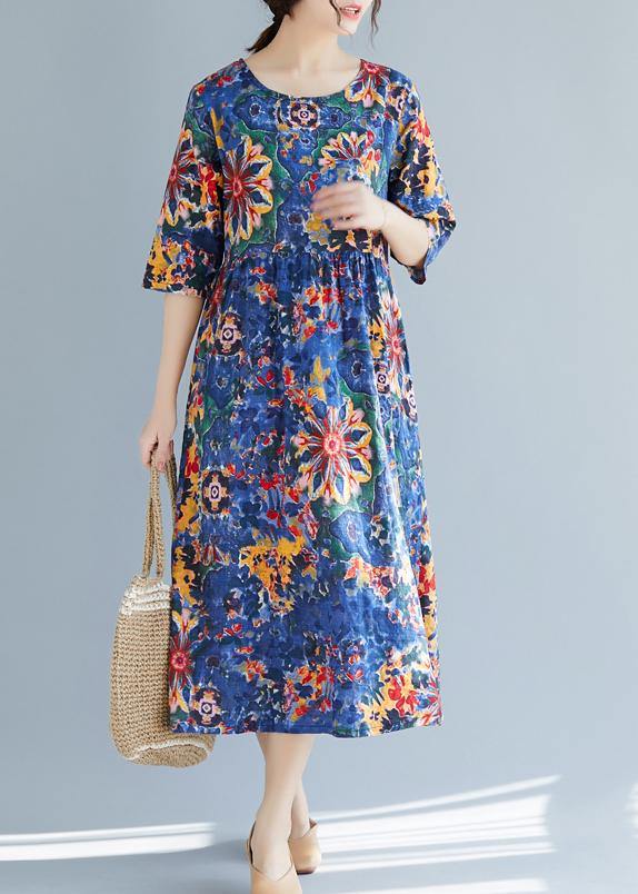 French blue print cotton clothes Women 18th Century Inspiration o neck Half sleeve Maxi Summer Dress