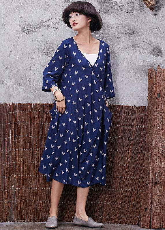 French blue prints v neck linen quilting clothes asymmetric tie cotton robes summer Dresses