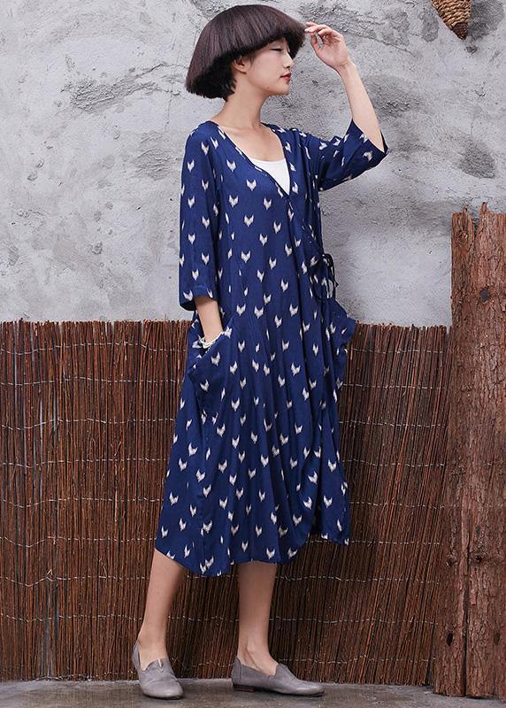 French blue prints v neck linen quilting clothes asymmetric tie cotton robes summer Dresses