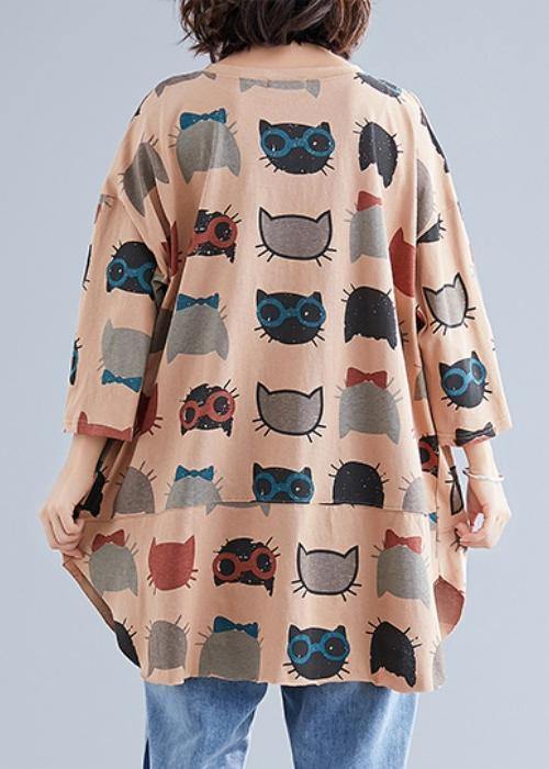 French chocolate print cotton tunic top o neck pockets Art shirts