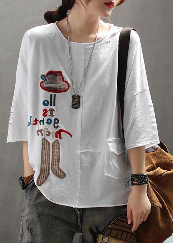 French cotton Embroidery Letter top silhouette 2025 white Summer Drop Shoulder Sleeve T-Shirt