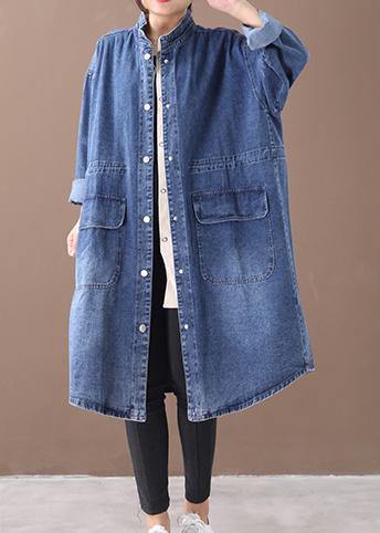 French denim blue Plus Size box coat Shape stand collar drawstring coat