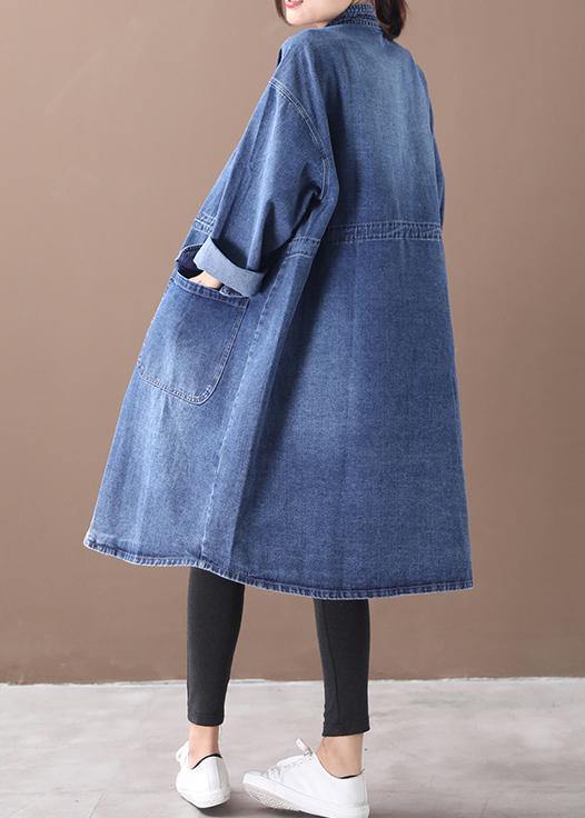 French denim blue Plus Size box coat Shape stand collar drawstring coat