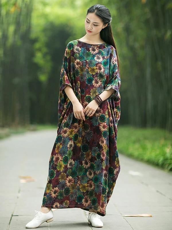 French floral cotton Long Shirts Slash neck Batwing Sleeve Maxi Dress