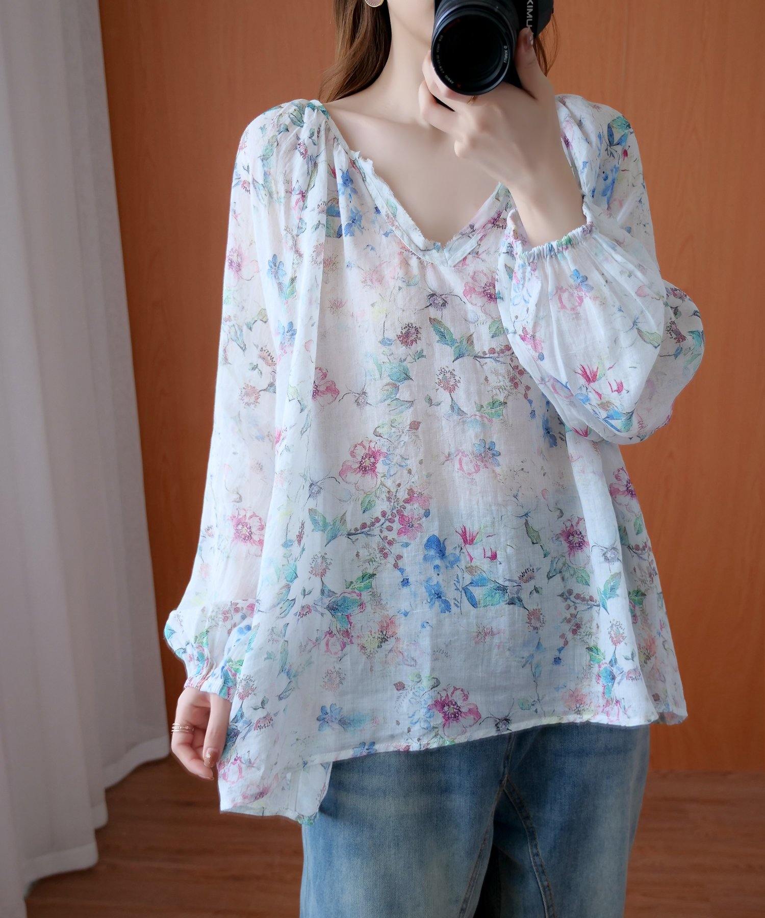 French floral shirts women v neck baggy Midi blouse