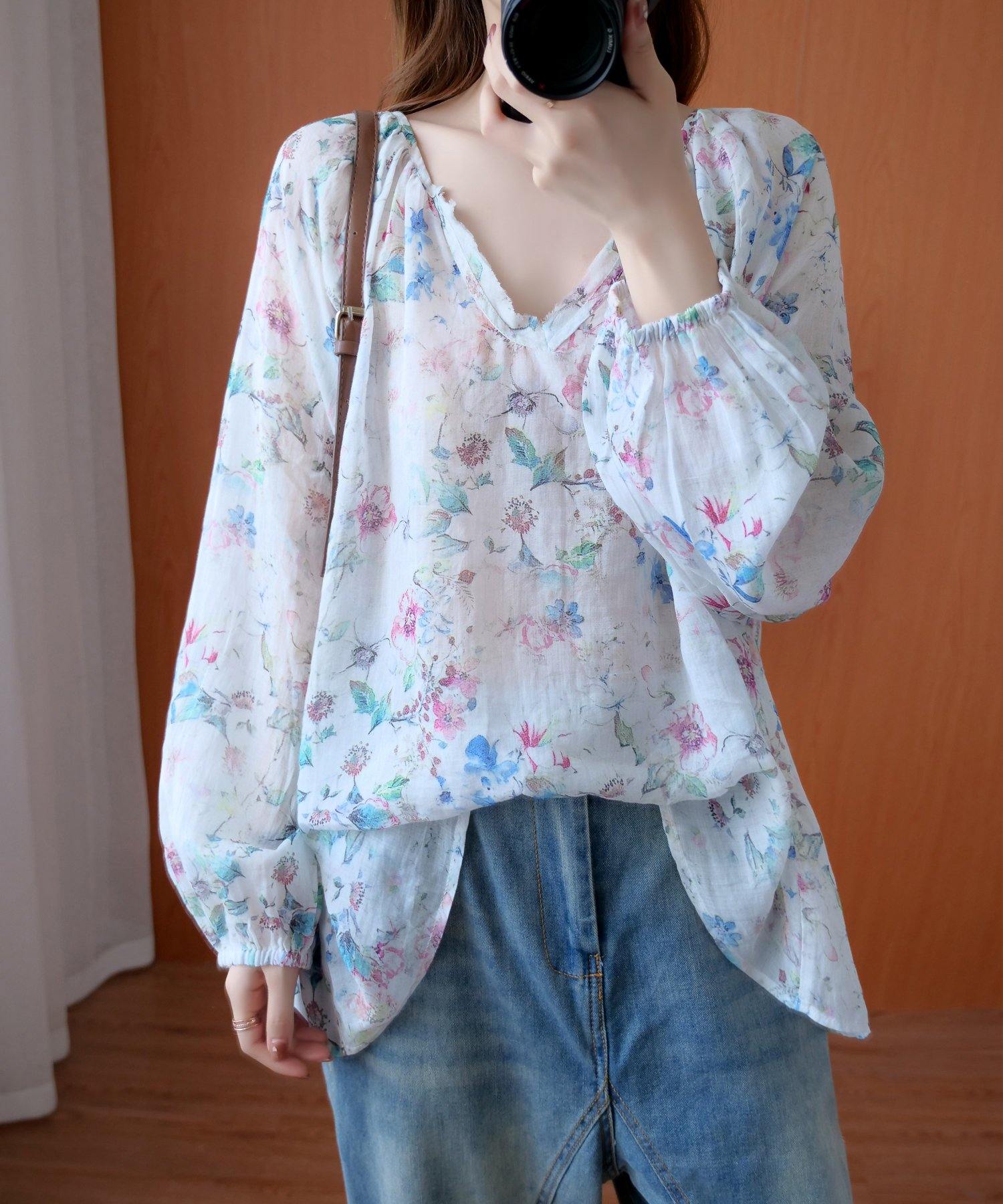 French floral shirts women v neck baggy Midi blouse