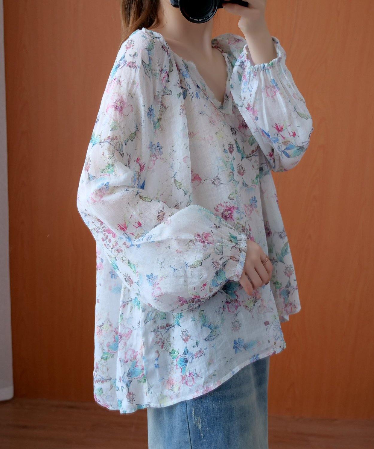 French floral shirts women v neck baggy Midi blouse