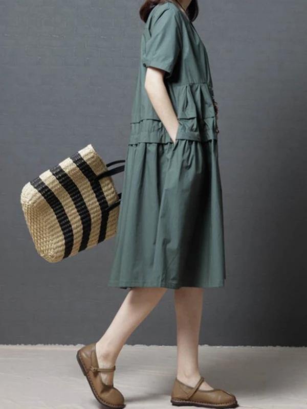 French green Cotton Tunics o neck pockets Dresses