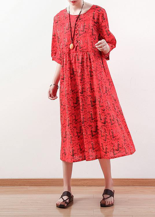 French half sleeve cotton linen clothes For Women pattern red Dress summer