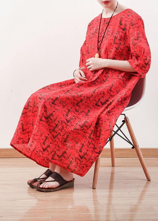 French half sleeve cotton linen clothes For Women pattern red Dress summer