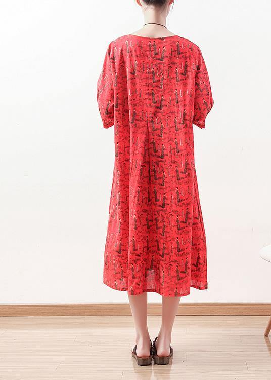 French half sleeve cotton linen clothes For Women pattern red Dress summer