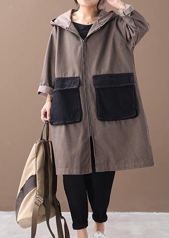 French hooded Large pockets Fine tunics for women denim khaki Knee winter outwear