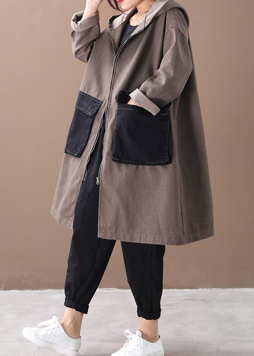 French hooded Large pockets Fine tunics for women denim khaki Knee winter outwear