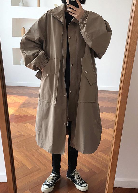 French khaki fine maxi coat Wardrobes zippered lapel collar women coats