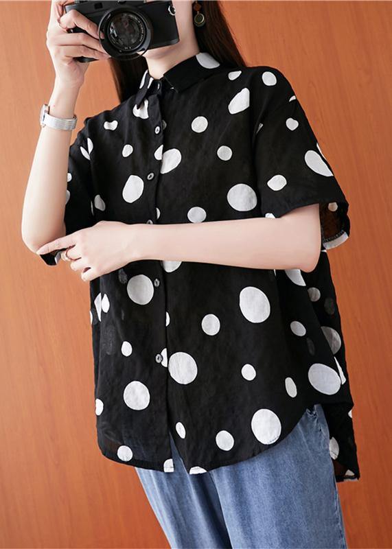 French lapel asymmetric  Chiffon tunic top black dotted daily blouses