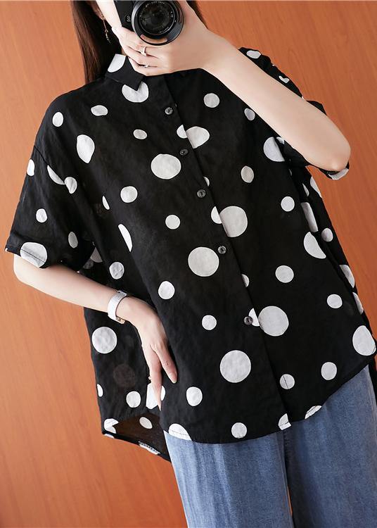 French lapel asymmetric  Chiffon tunic top black dotted daily blouses