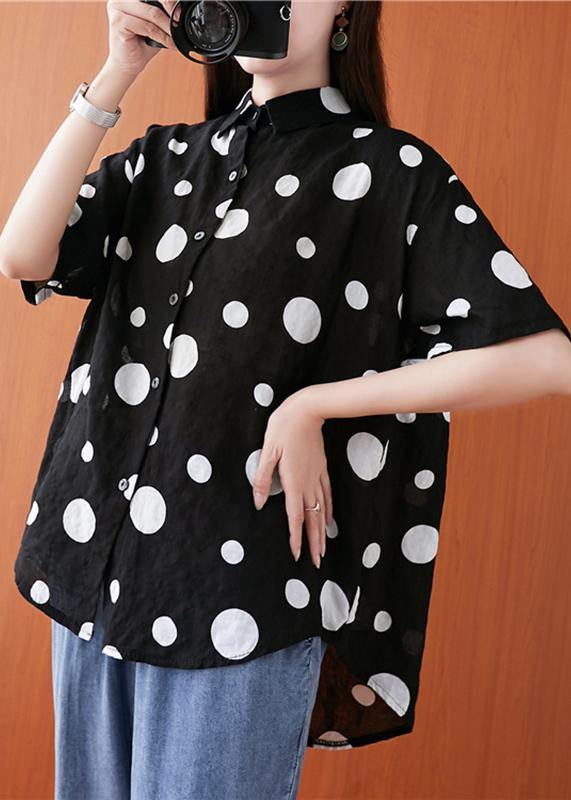 French lapel asymmetric  Chiffon tunic top black dotted daily blouses