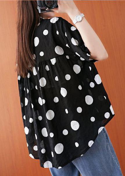 French lapel asymmetric  Chiffon tunic top black dotted daily blouses