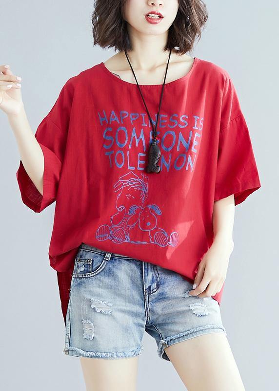 French o neck baggy cotton linen tunics for women red print blouse