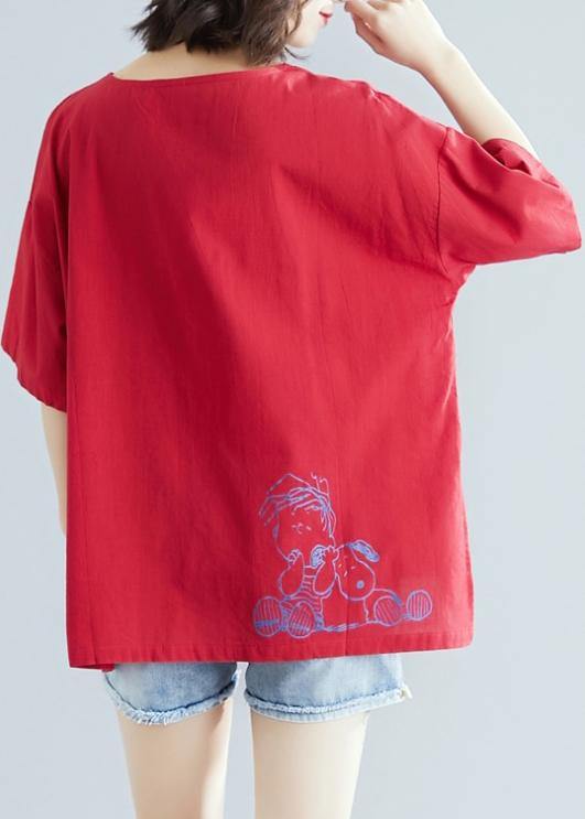 French o neck baggy cotton linen tunics for women red print blouse