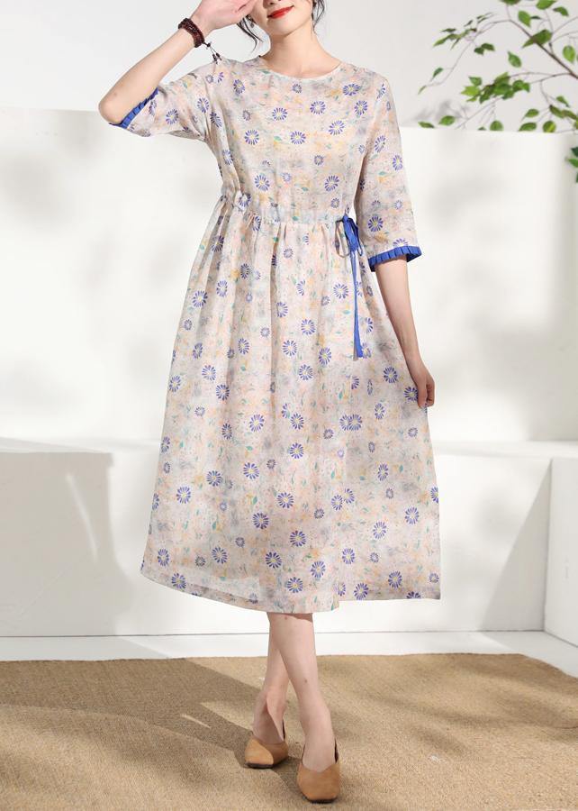 French o neck half sleeve linen summer Robes Catwalk floral Dress