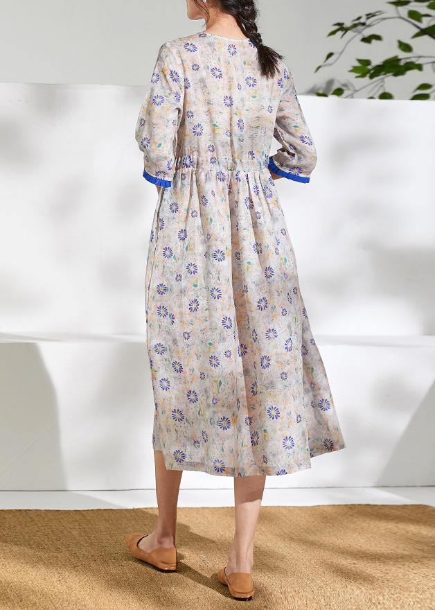 French o neck half sleeve linen summer Robes Catwalk floral Dress