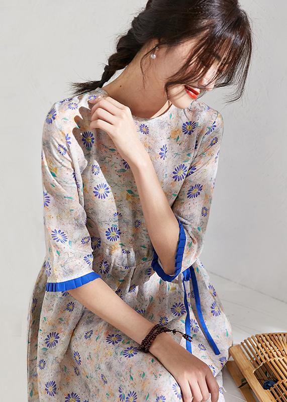 French o neck half sleeve linen summer Robes Catwalk floral Dress