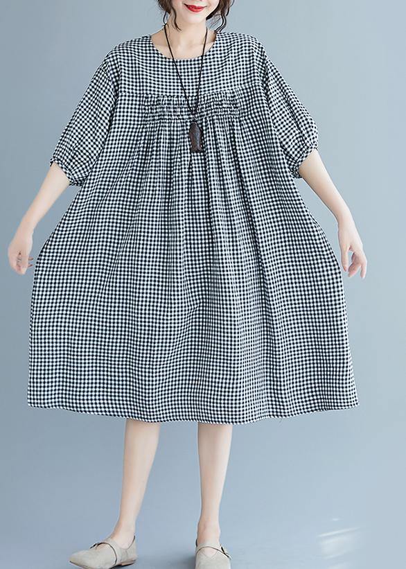 French o neck lantern sleeve clothes For Women pattern black Plaid Dresses summer