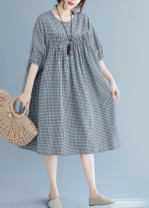 French o neck lantern sleeve clothes For Women pattern black Plaid Dresses summer