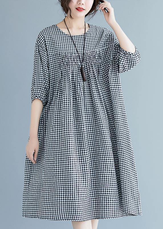 French o neck lantern sleeve clothes For Women pattern black Plaid Dresses summer