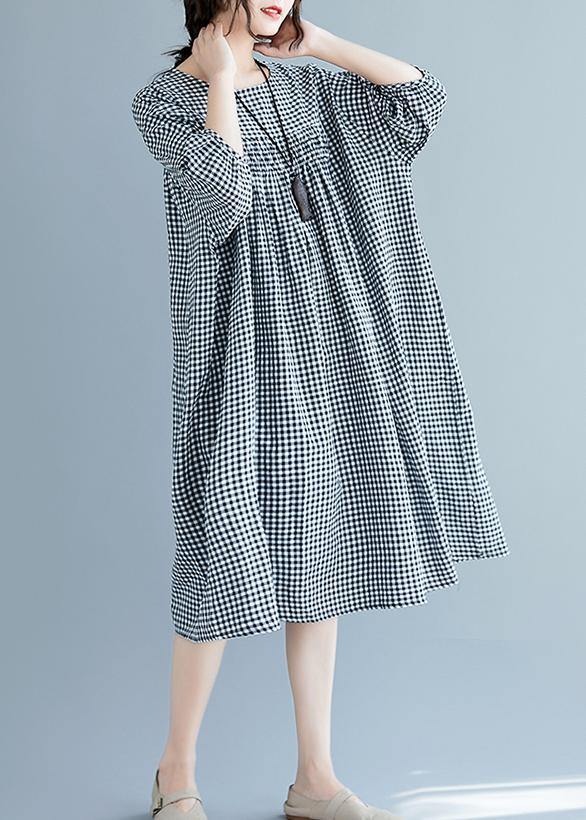 French o neck lantern sleeve clothes For Women pattern black Plaid Dresses summer