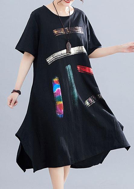 French o neck pockets Cotton clothes Women black print Dresses summer