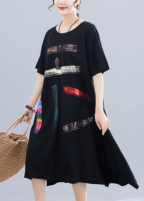 French o neck pockets Cotton clothes Women black print Dresses summer