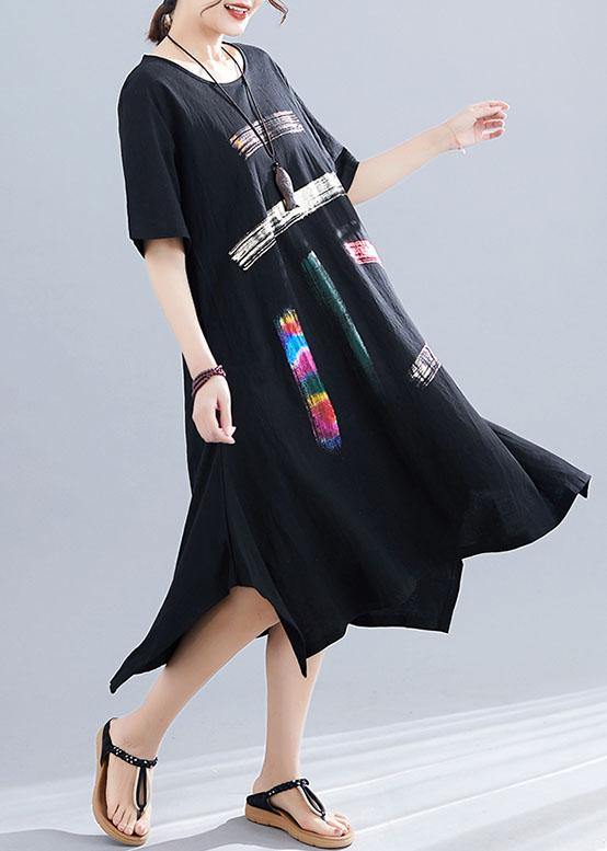 French o neck pockets Cotton clothes Women black print Dresses summer