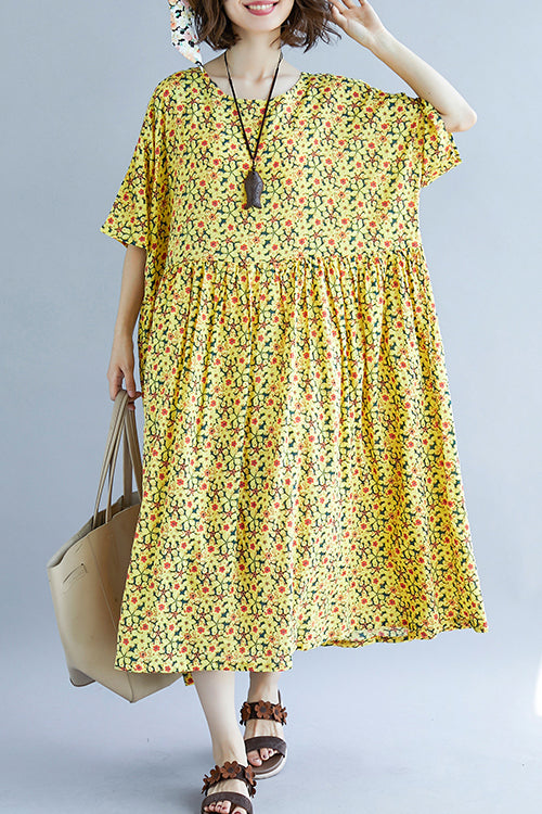 French o neck Cinched cotton dress 2025 design yellow print A Line Dresses Summer