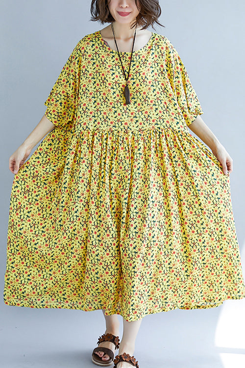 French o neck Cinched cotton dress 2025 design yellow print A Line Dresses Summer