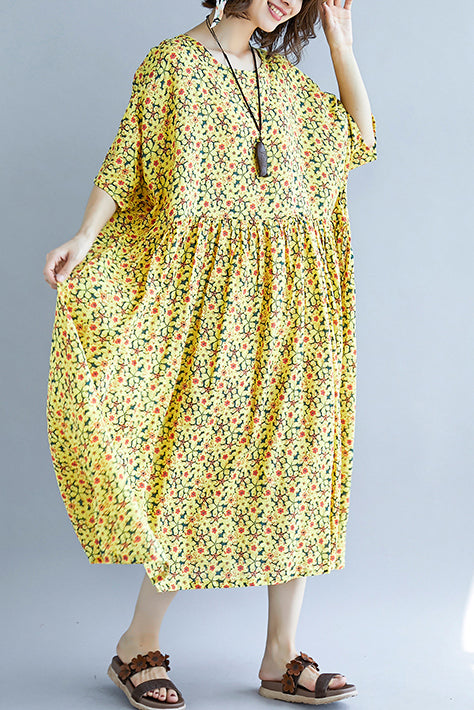 French o neck Cinched cotton dress 2025 design yellow print A Line Dresses Summer