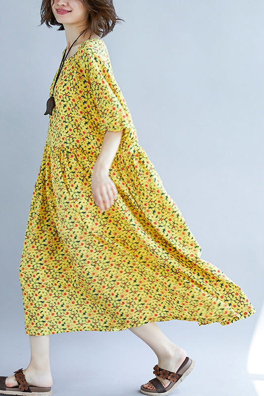 French o neck Cinched cotton dress 2025 design yellow print A Line Dresses Summer